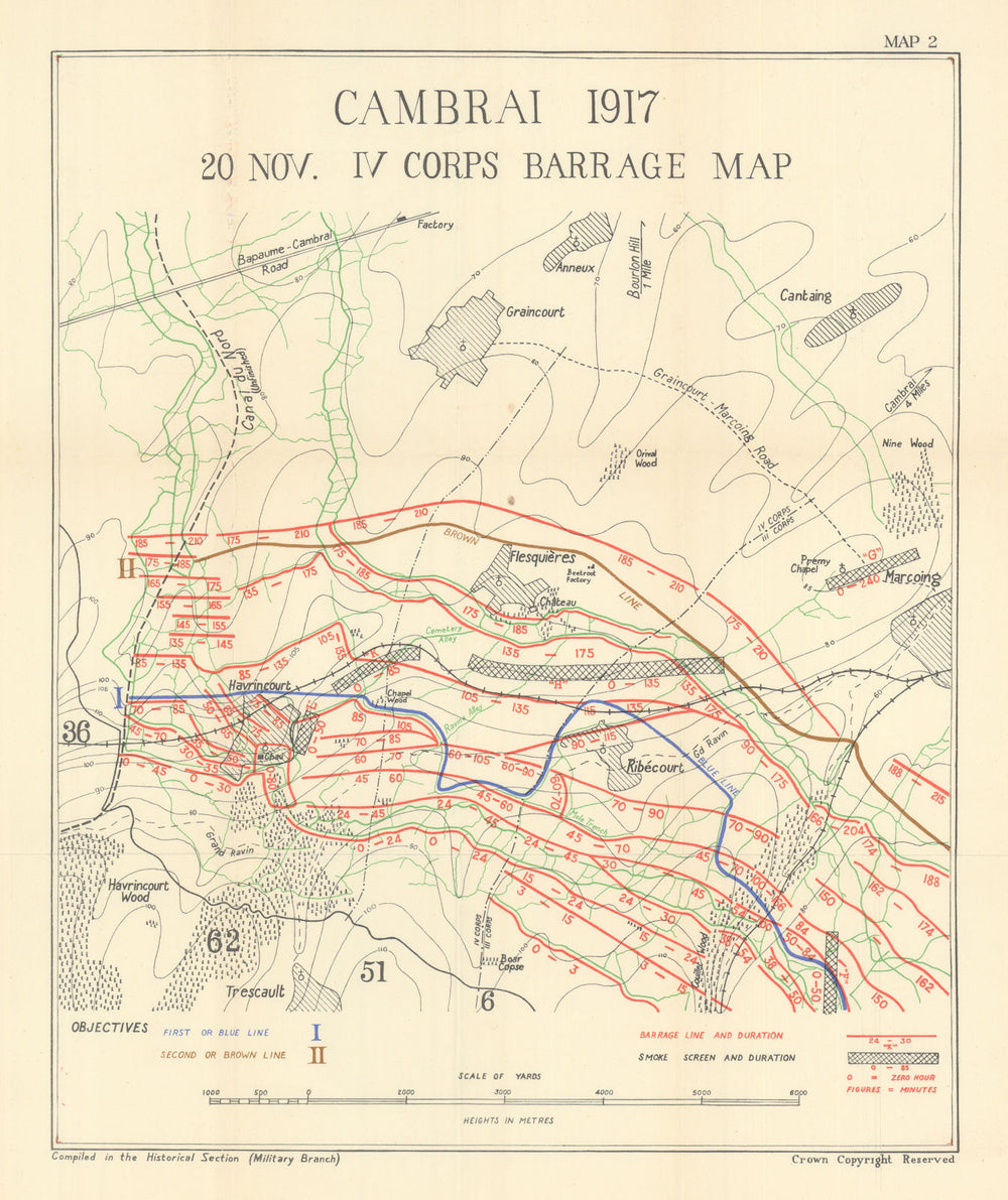 Battle of Cambrai. IV Corps Barrage Map, 20 Nov. 1917. First World War 1948