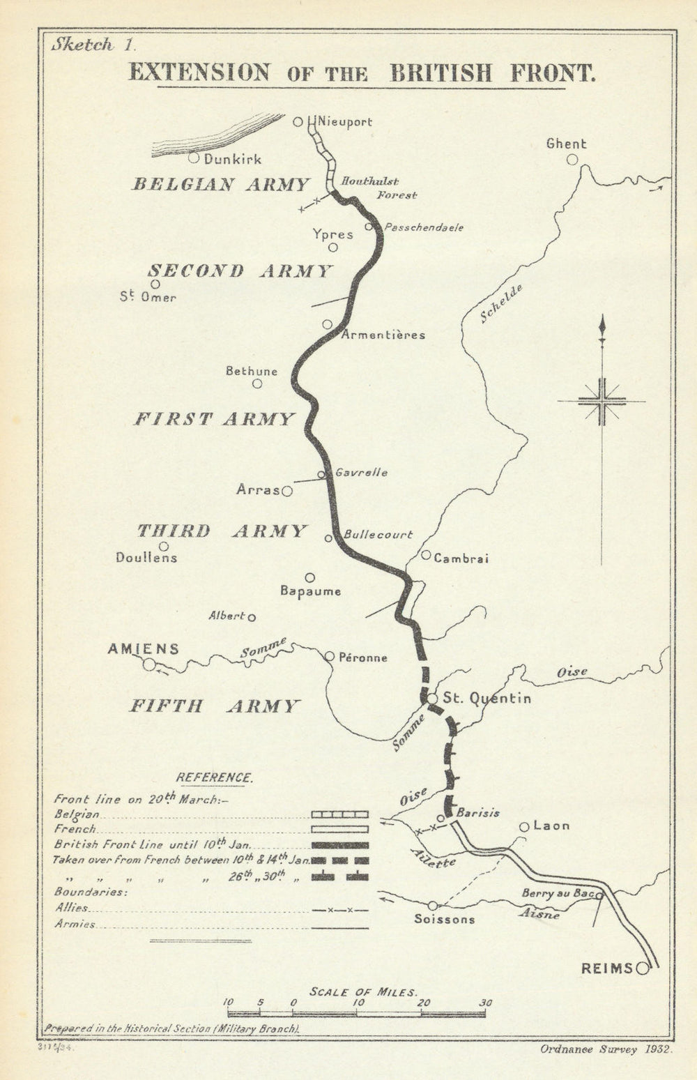 German Spring Offensive 1918. Extension of the British Front. WW1 1935 old map