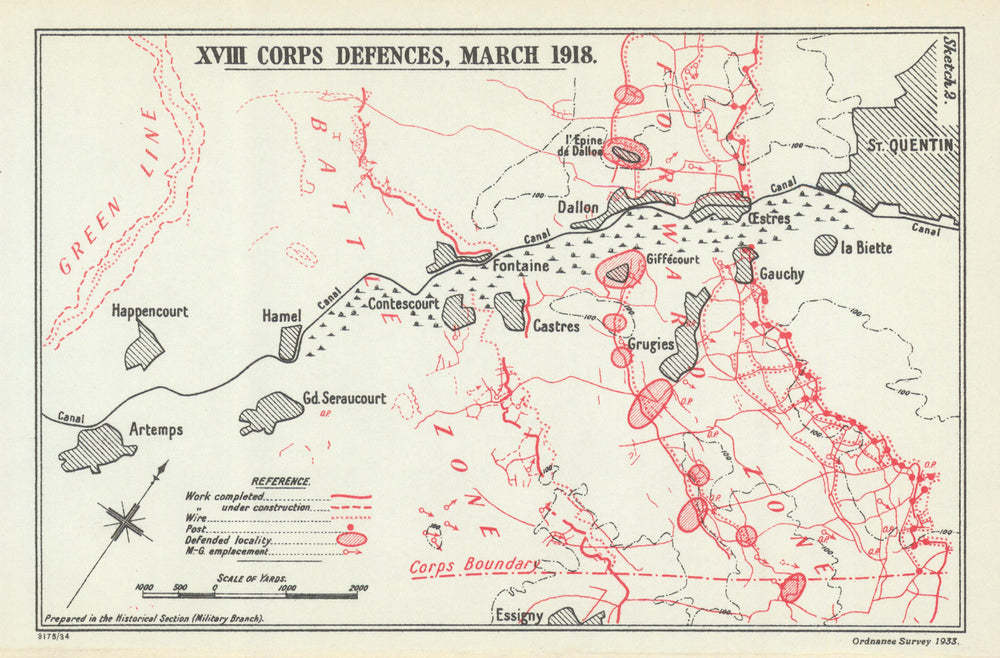 Operation Michael. XVIII Corps Defences, March 1918. First World War 1935 map
