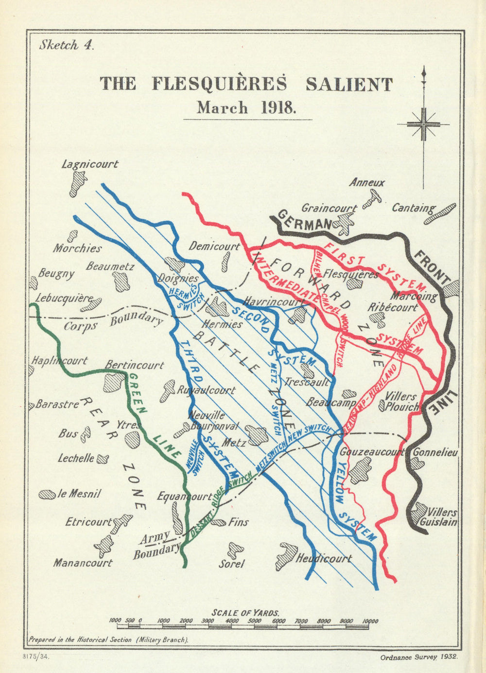 Operation Michael. The Flesquières Salient, March 1918. First World War 1935 map