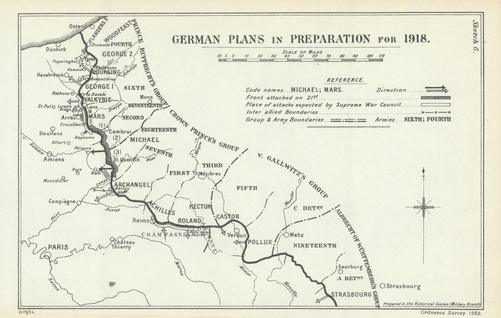 German Spring Offensives 1918. German Plans in Preparation. WW1 1935 old map