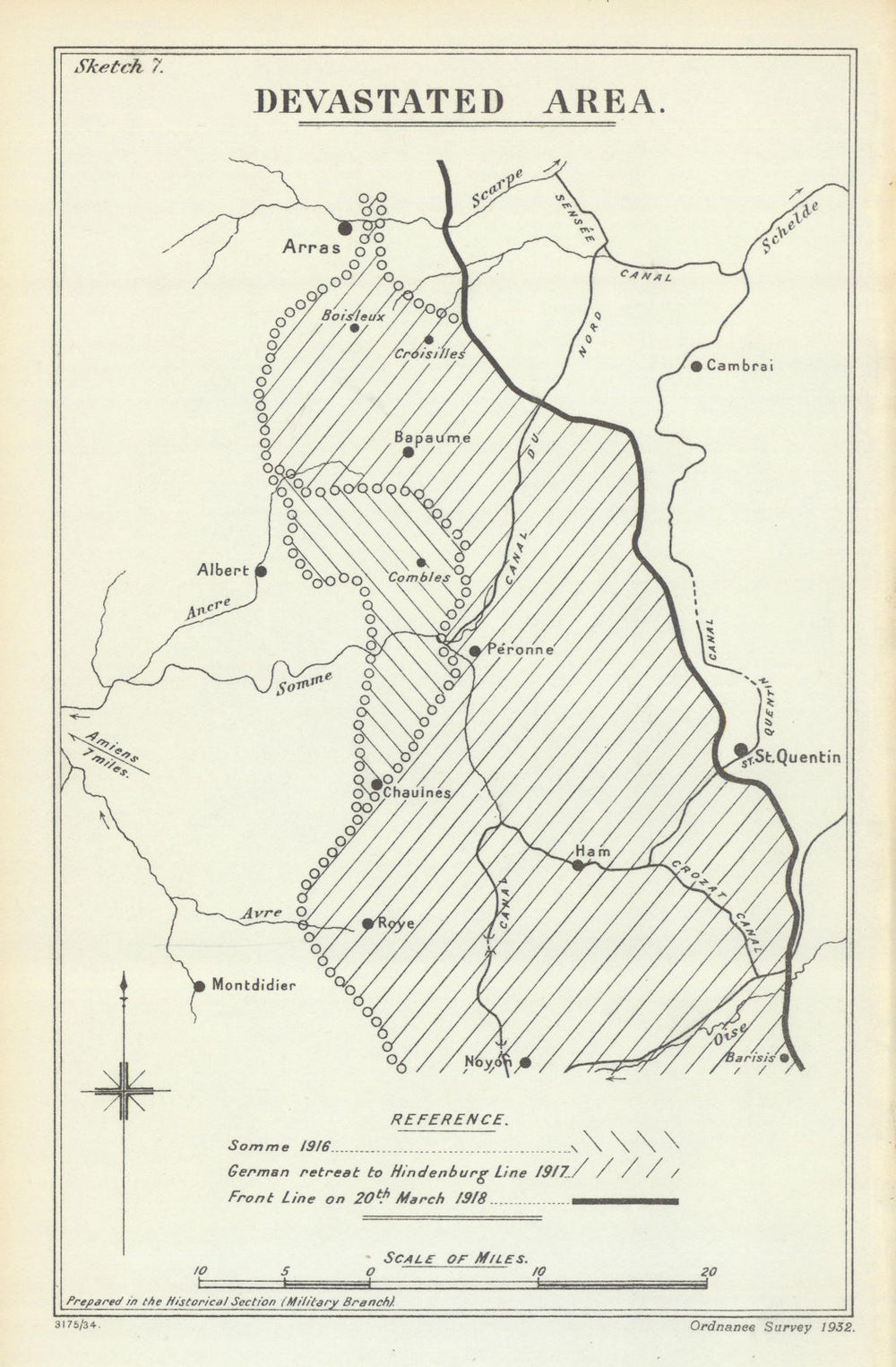 Western Front. Devastated Area 1918. First World War 1935 old vintage map