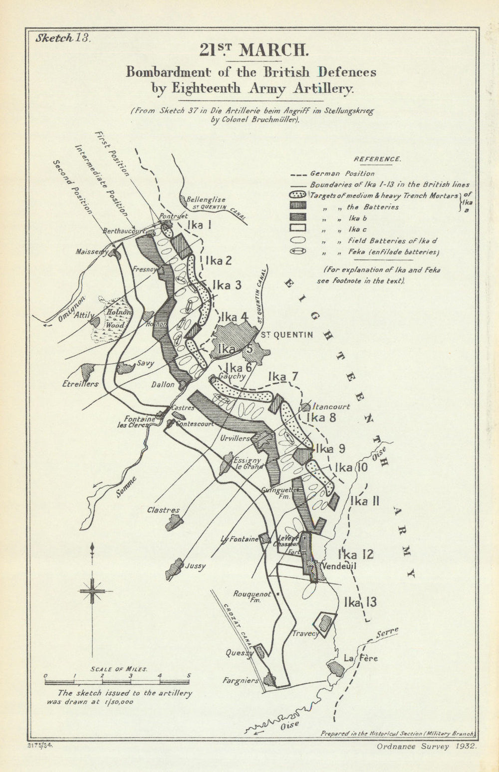 Operation Michael. 21 March 1918. 18th Army Artillery. British Defences 1935 map
