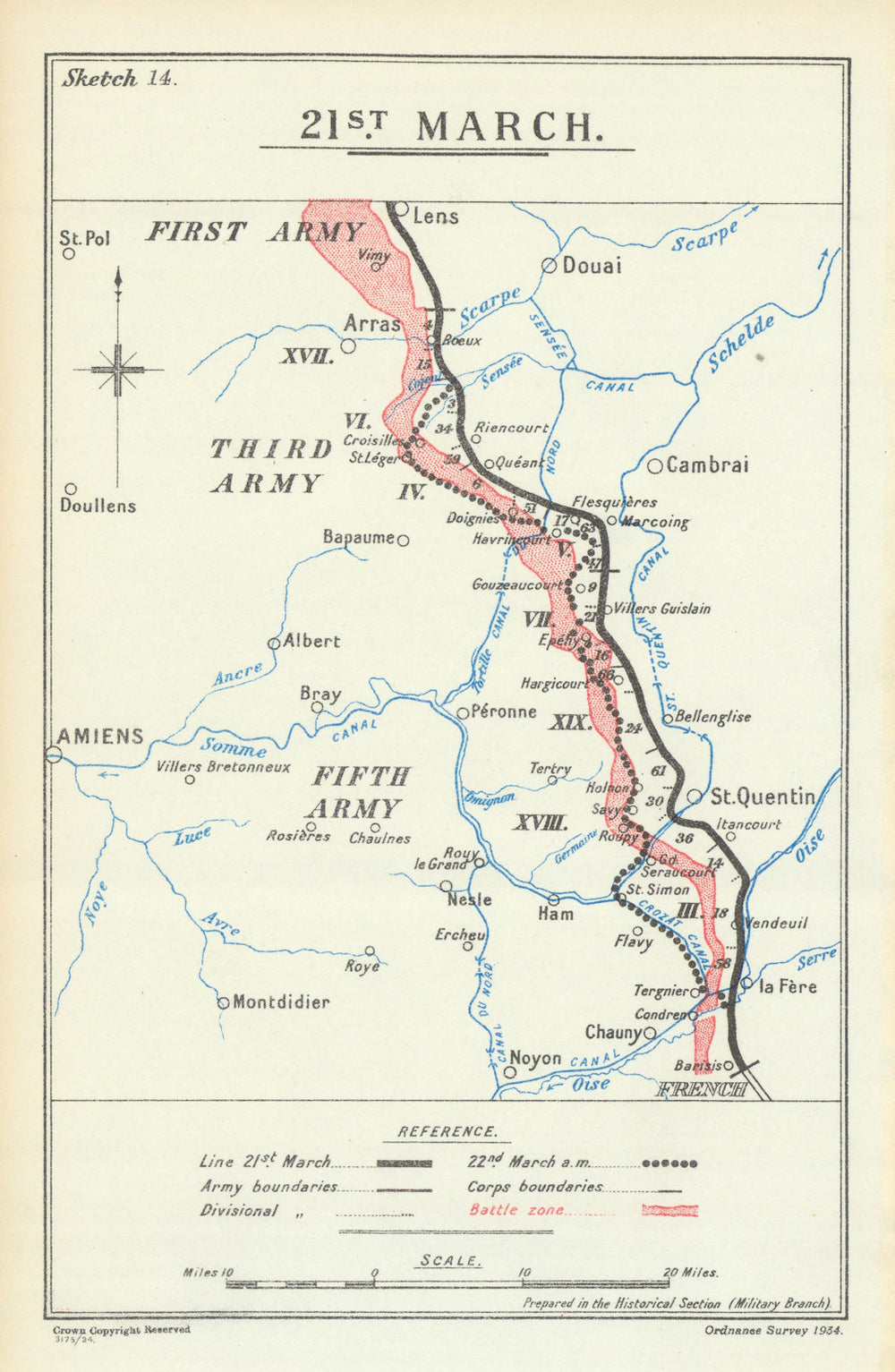 Operation Michael. 21 March 1918. First World War 1935 old vintage map chart