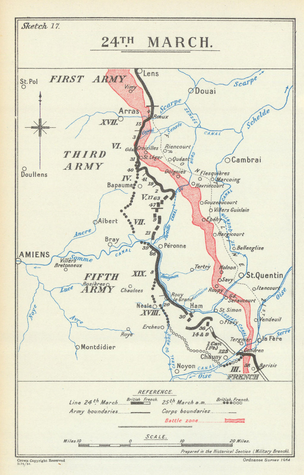 Operation Michael. 24 March 1918. First World War 1935 old vintage map chart