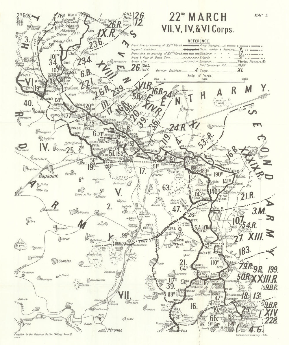 Operation Michael. 22 March 1918: VII, V, IV, & VI Corps. WW1 1935 old map