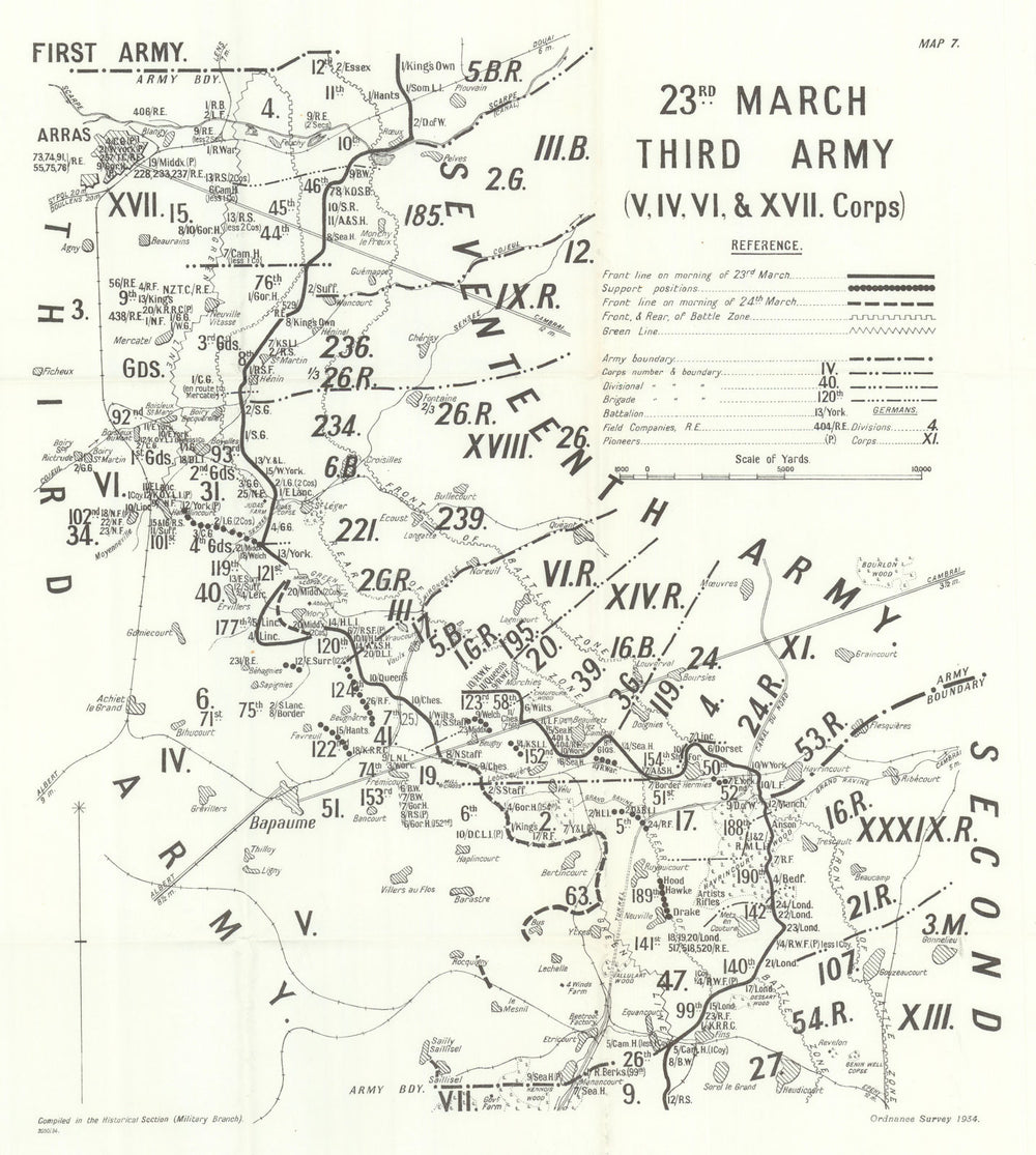 Operation Michael. 23 March 1918. 3rd Army V, IV, VI, & XVII Corps. WW1 1935 map
