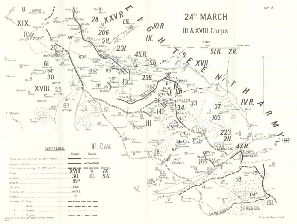 Operation Michael. 24 March 1918: III & XVIII Corps. First World War 1935 map