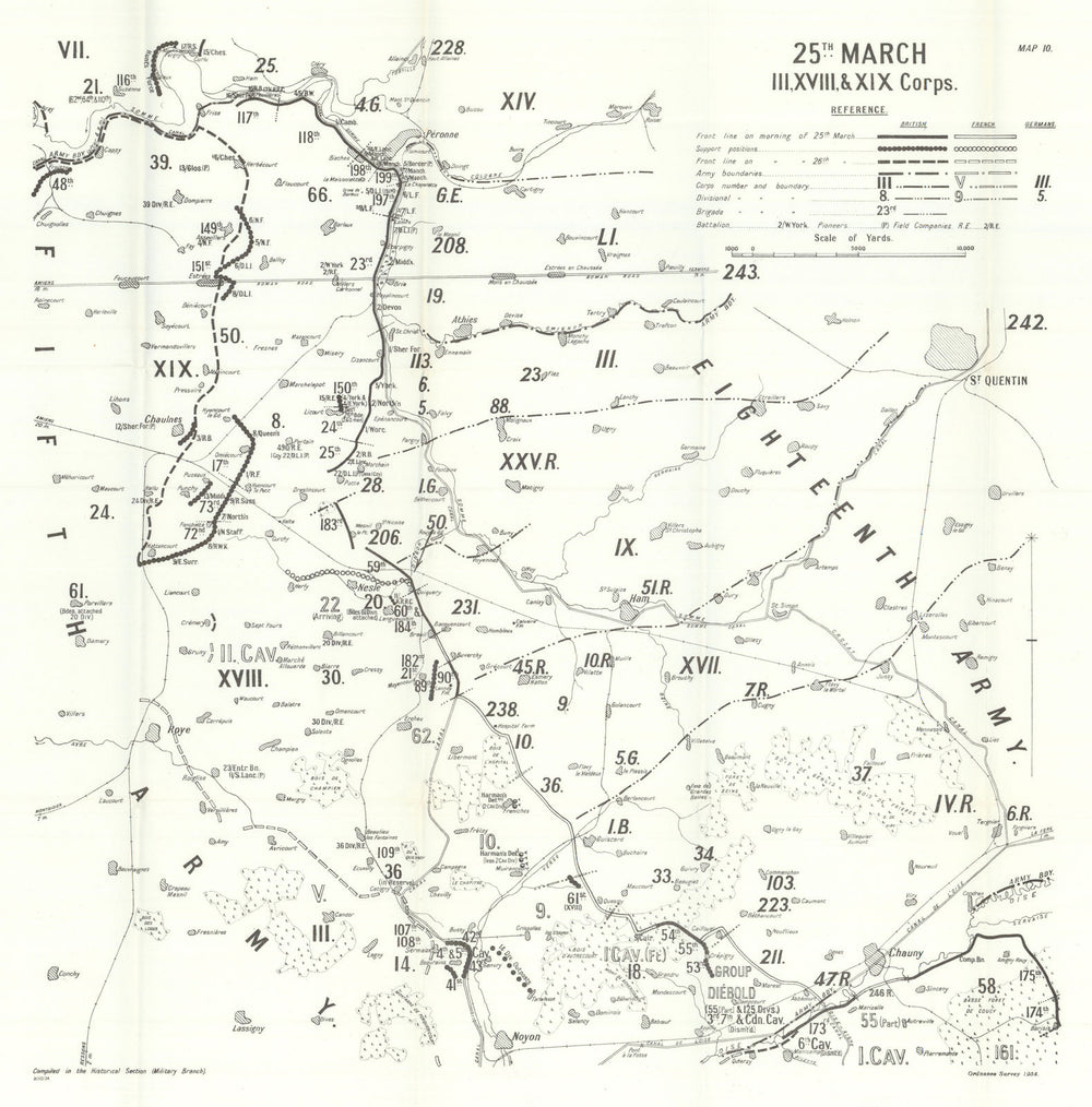 Operation Michael. 25 March 1918: III, XVIII, & XIX Corps. WW1 1935 old map
