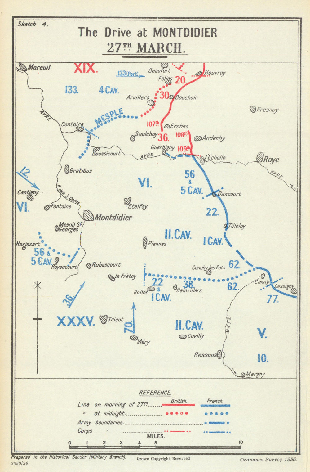 Operation Michael. The Drive at Montdidier, 27 March 1918. WW1 1937 old map