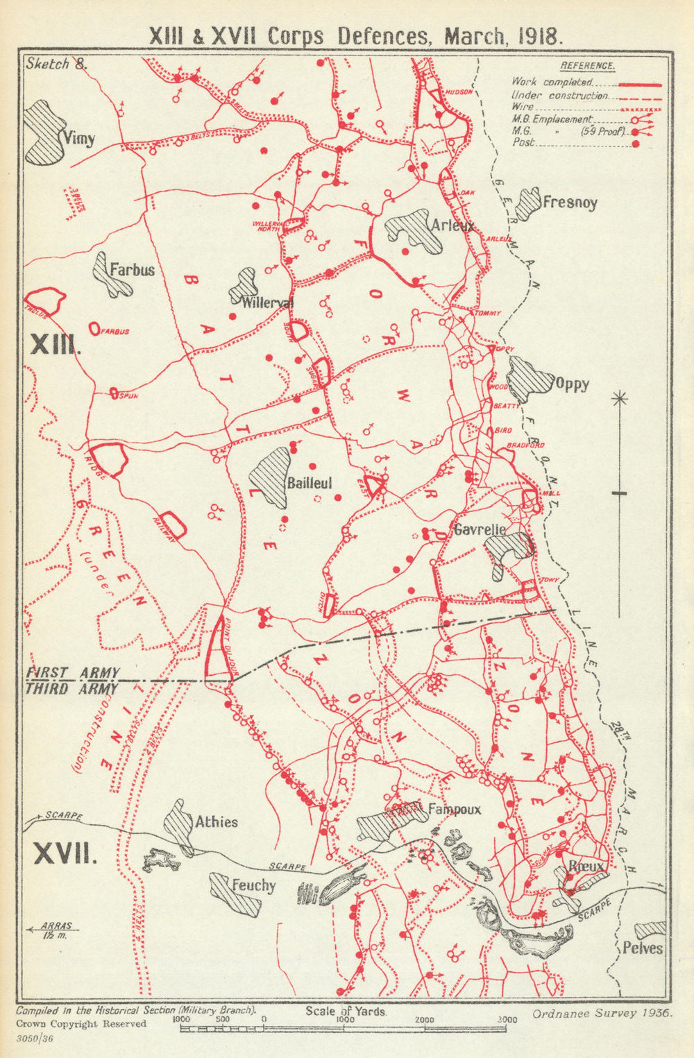 Operation Michael. XIII & XVII Corps Defences, March 1918. WW1 1937 old map