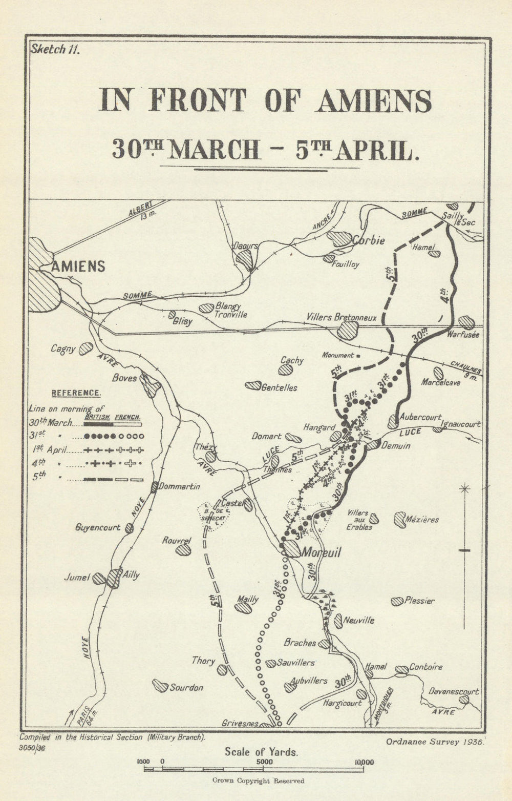 Operation Michael. In front of Amiens, 30 March–5 April 1918. WW1 1937 old map
