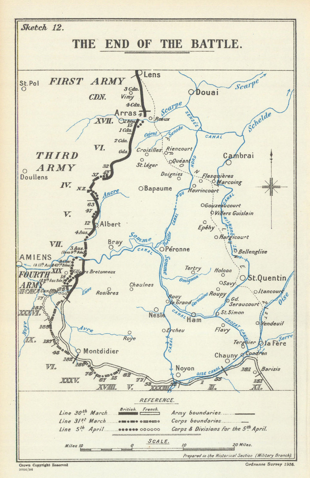 Operation Michael 1918. The End of the Battle. First World War 1937 old map