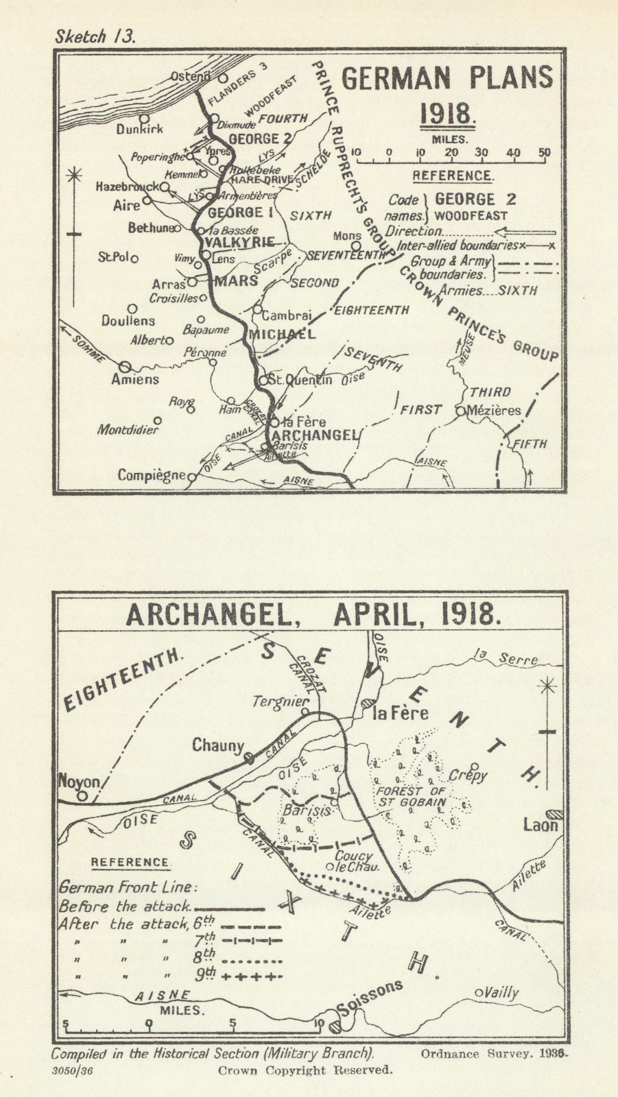 German Spring Offensives. German Plans. Archangel, April 1918. WW1 1937 map