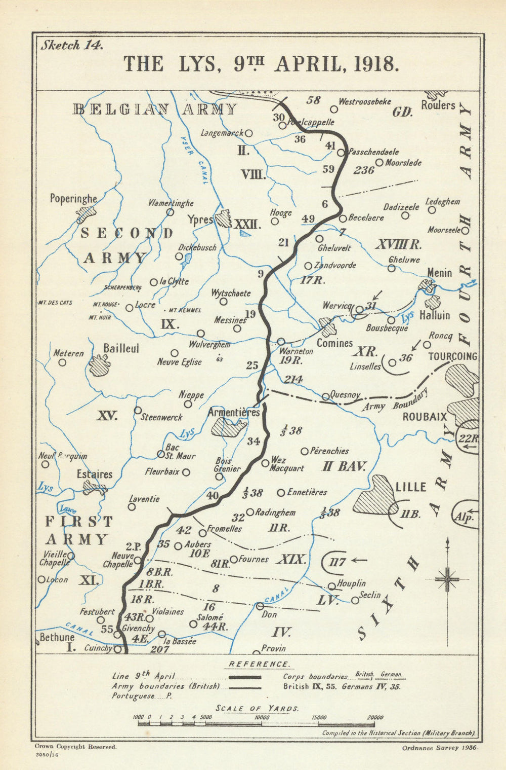 Battle of the Lys. 9 April 1918 (with Germans). First World War 1937 old map