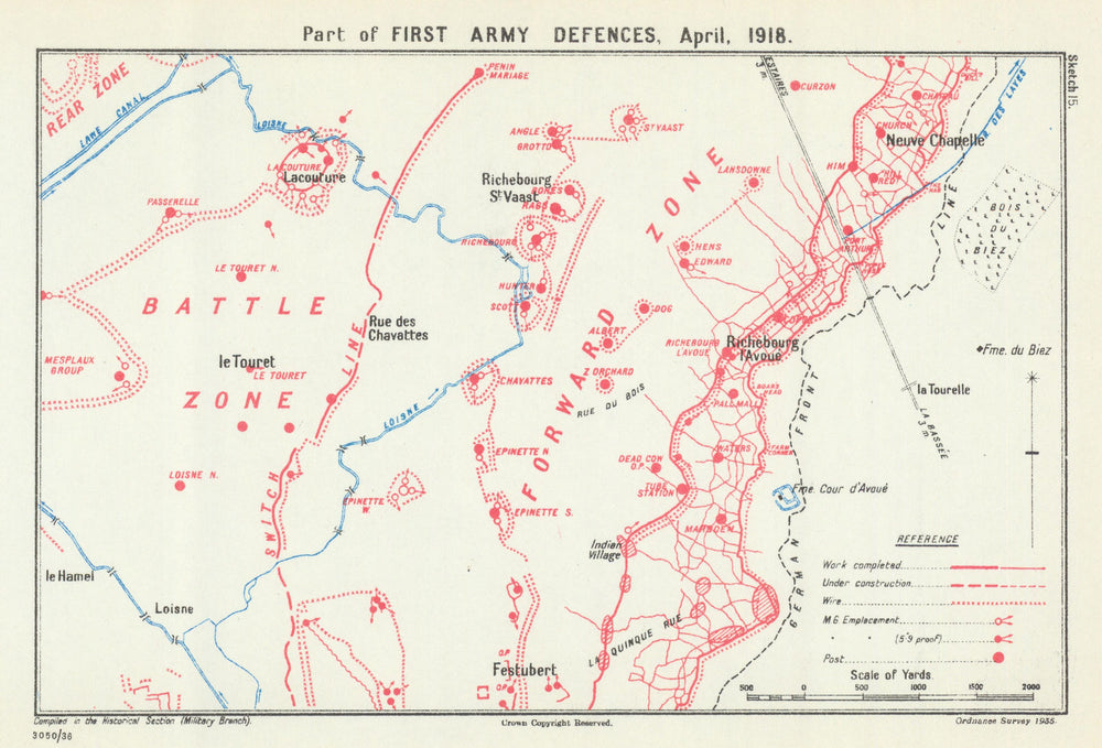 Battle of the Lys. Part of First Army Defences, April 1918. WW1 1937 old map
