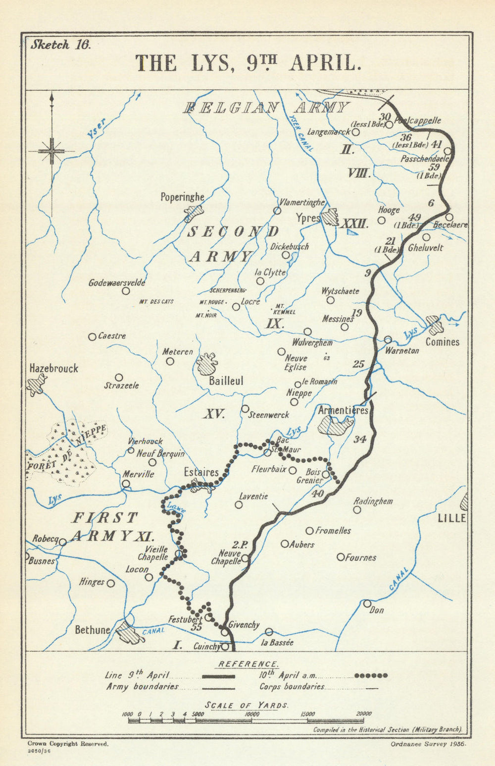 Battle of the Lys. 9 April 1918. First World War 1937 old vintage map chart