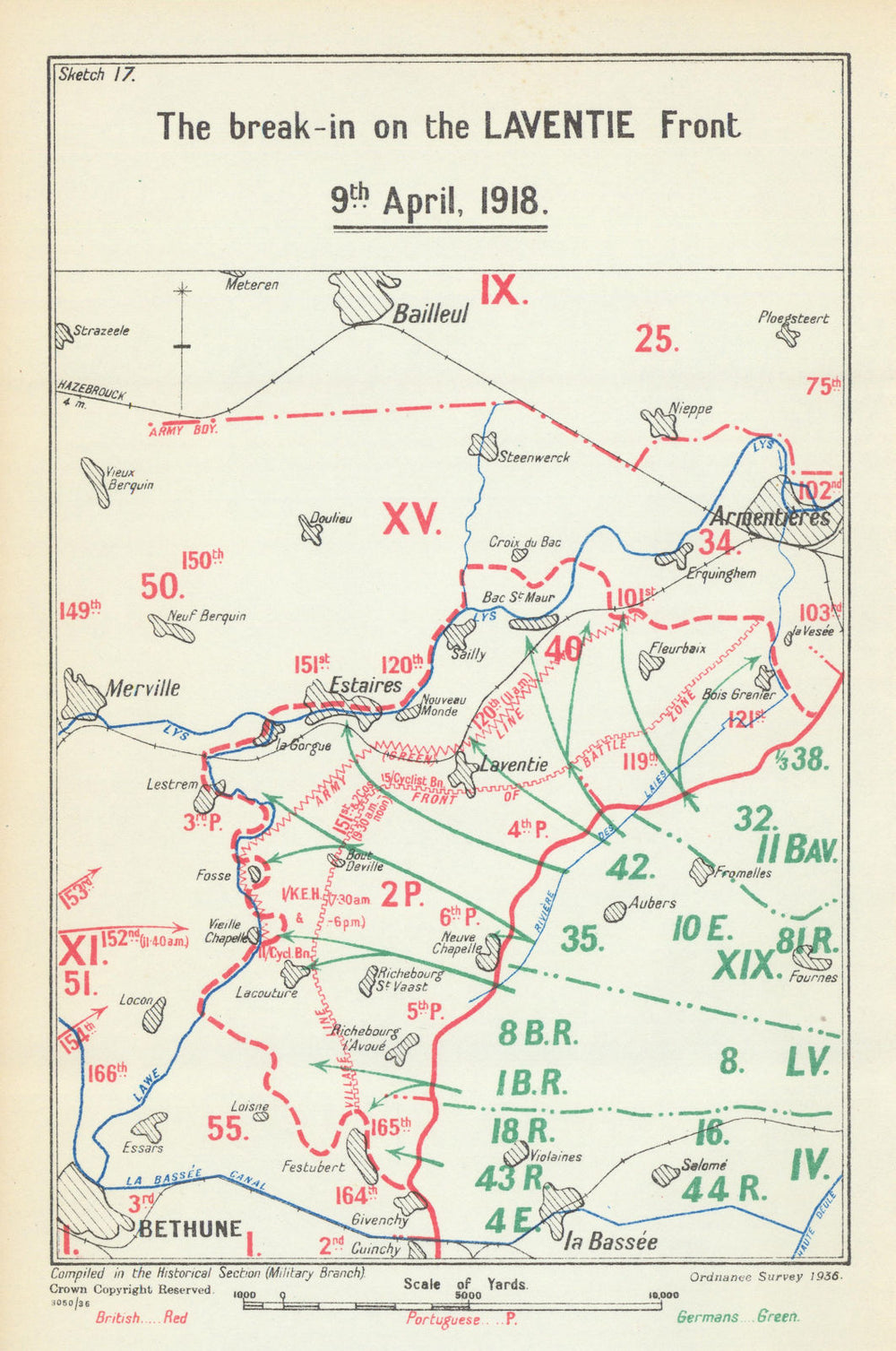 Battle of the Lys. Break-in on the Laventie Front, 9 April 1918. WW1 1937 map