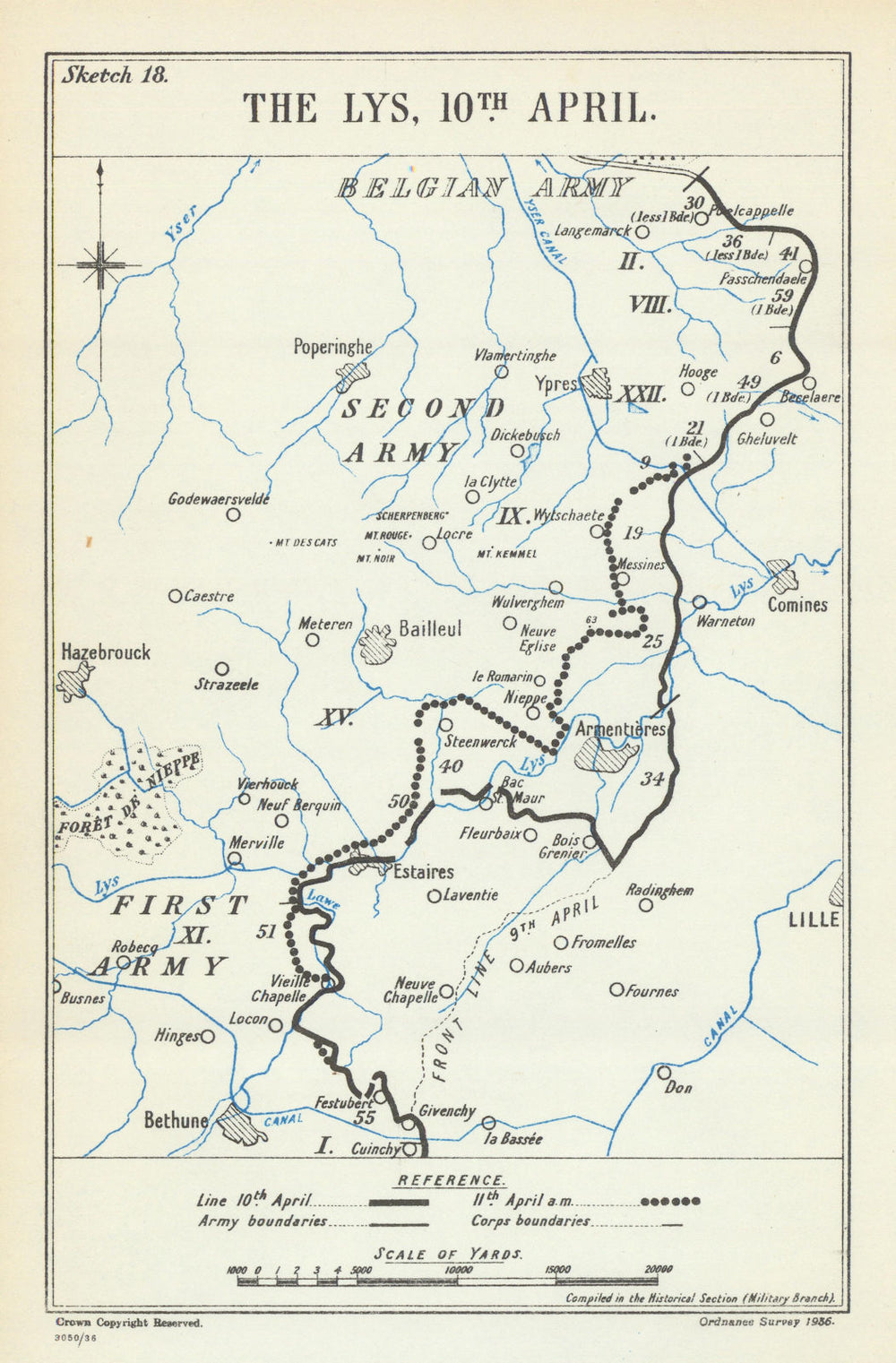 Battle of the Lys. 10 April 1918. First World War 1937 old vintage map chart