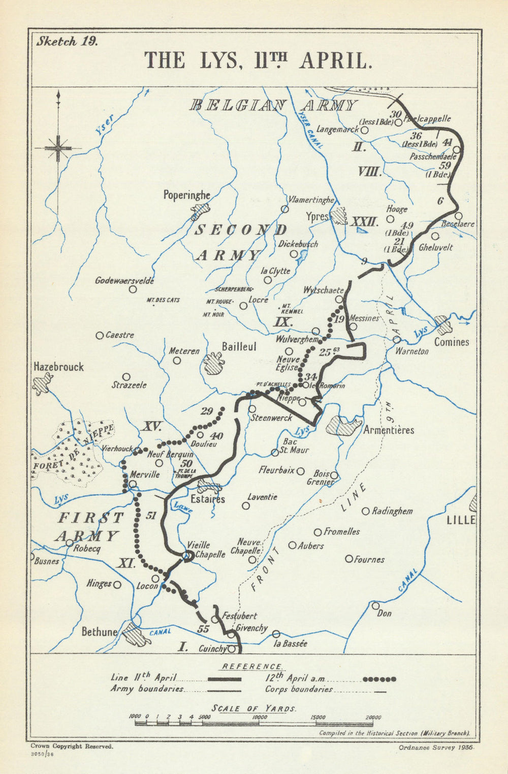 Battle of the Lys. 11 April 1918. First World War 1937 old vintage map chart