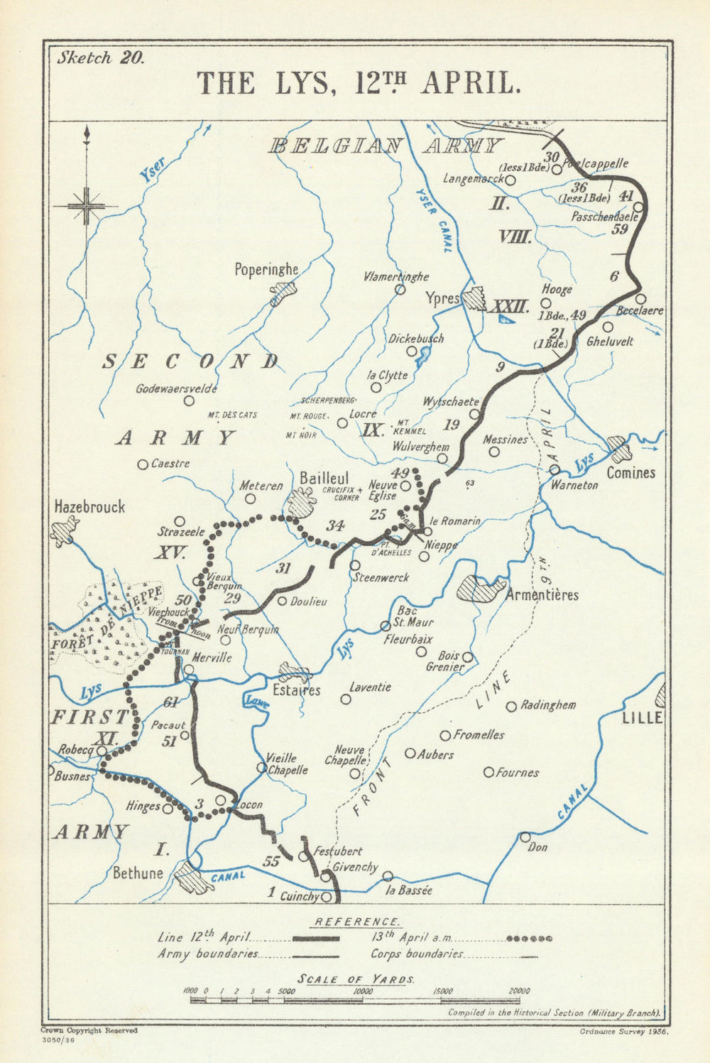 Battle of the Lys. 12 April 1918. First World War 1937 old vintage map chart