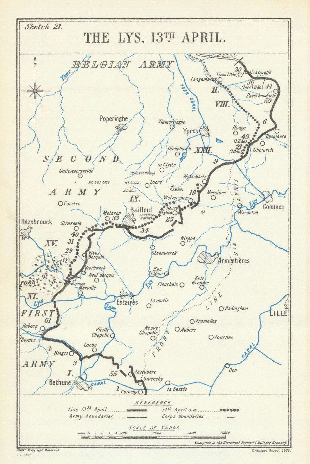 Battle of the Lys. 13 April 1918. First World War 1937 old vintage map chart