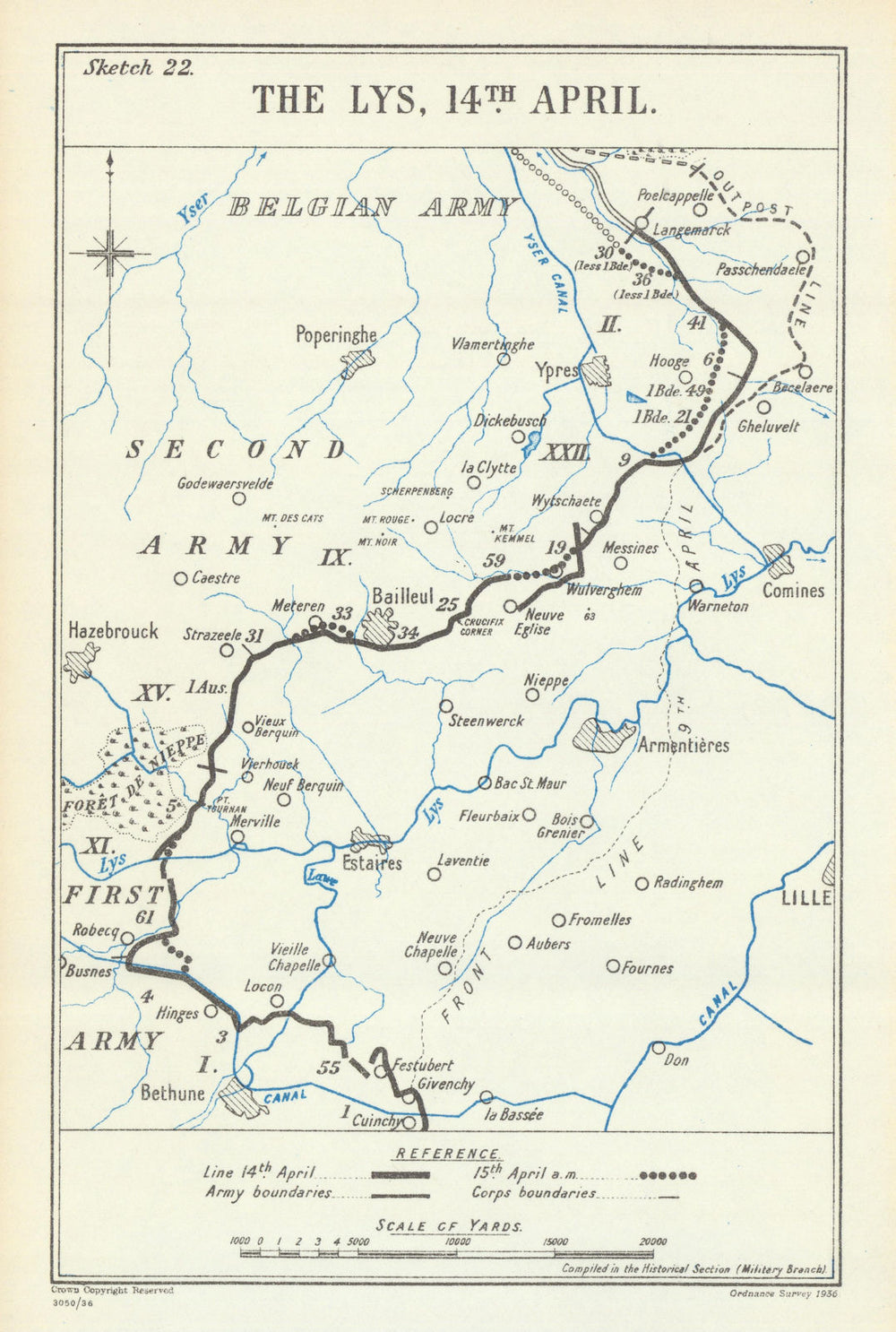 Battle of the Lys. 14 April 1918. First World War 1937 old vintage map chart