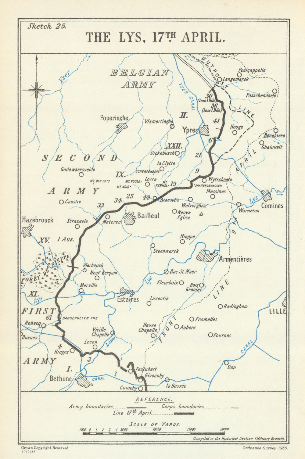 Battle of the Lys. 17 April 1918. First World War 1937 old vintage map chart