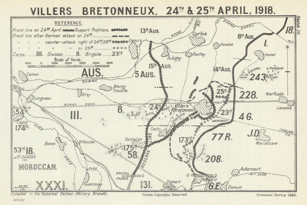 Battle of Villers-Bretonneux. 24 & 25 April 1918. First World War 1937 old map