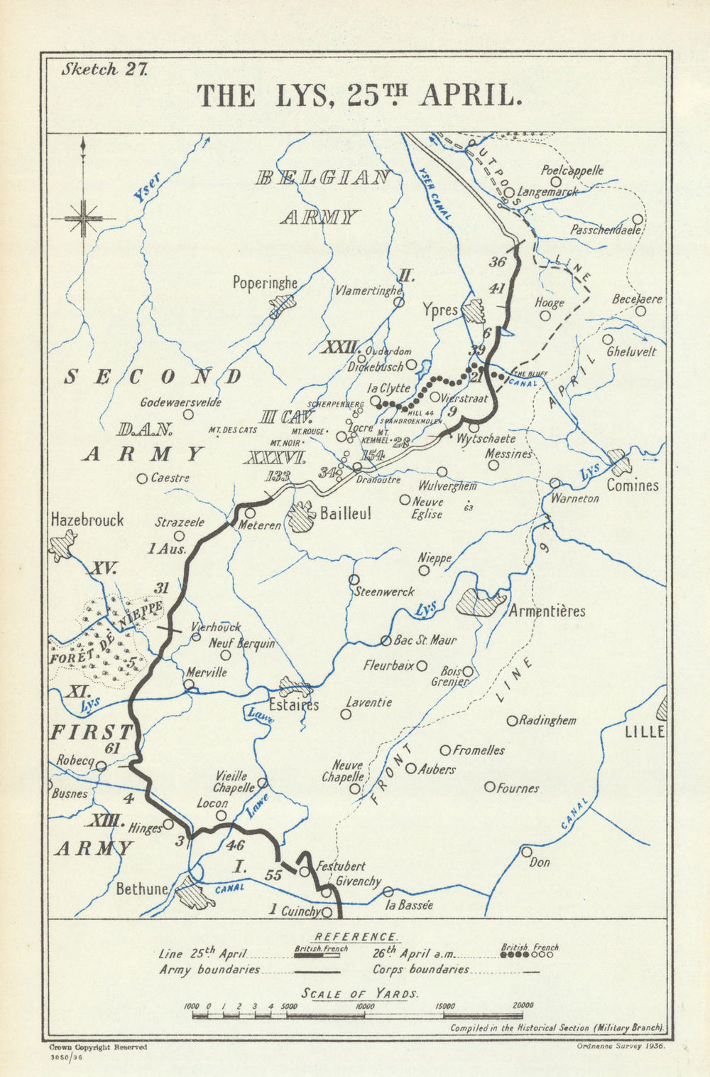 Battle of the Lys. 25 April 1918. First World War 1937 old vintage map chart