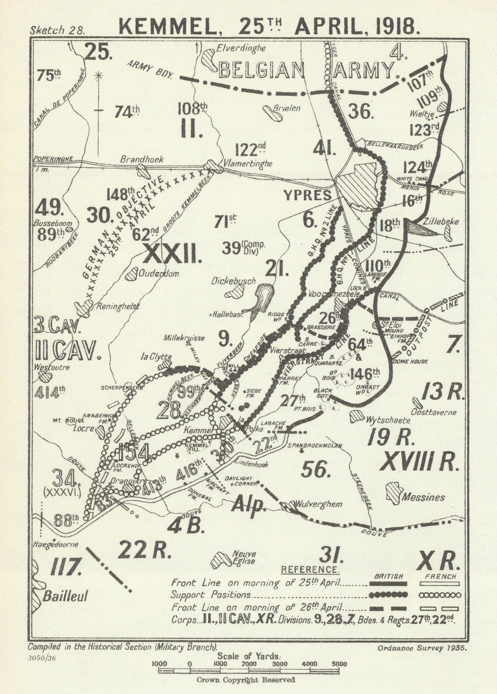 Second Battle of Kemmel. 25 April 1918. First World War 1937 old vintage map