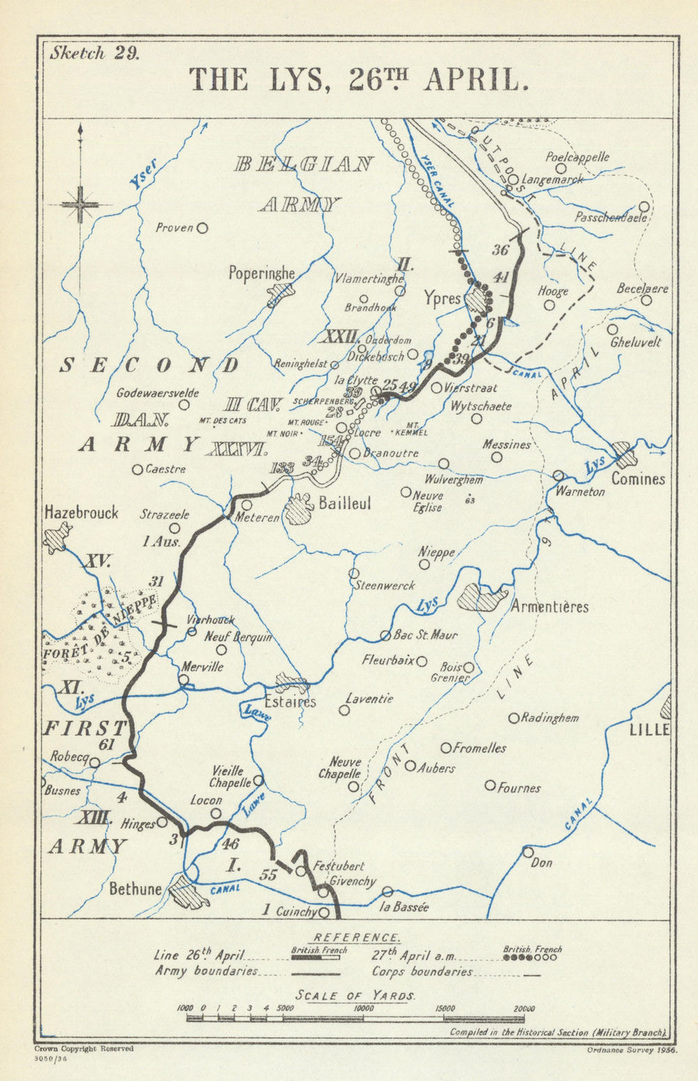 Battle of the Lys. 26 April 1918. First World War 1937 old vintage map chart