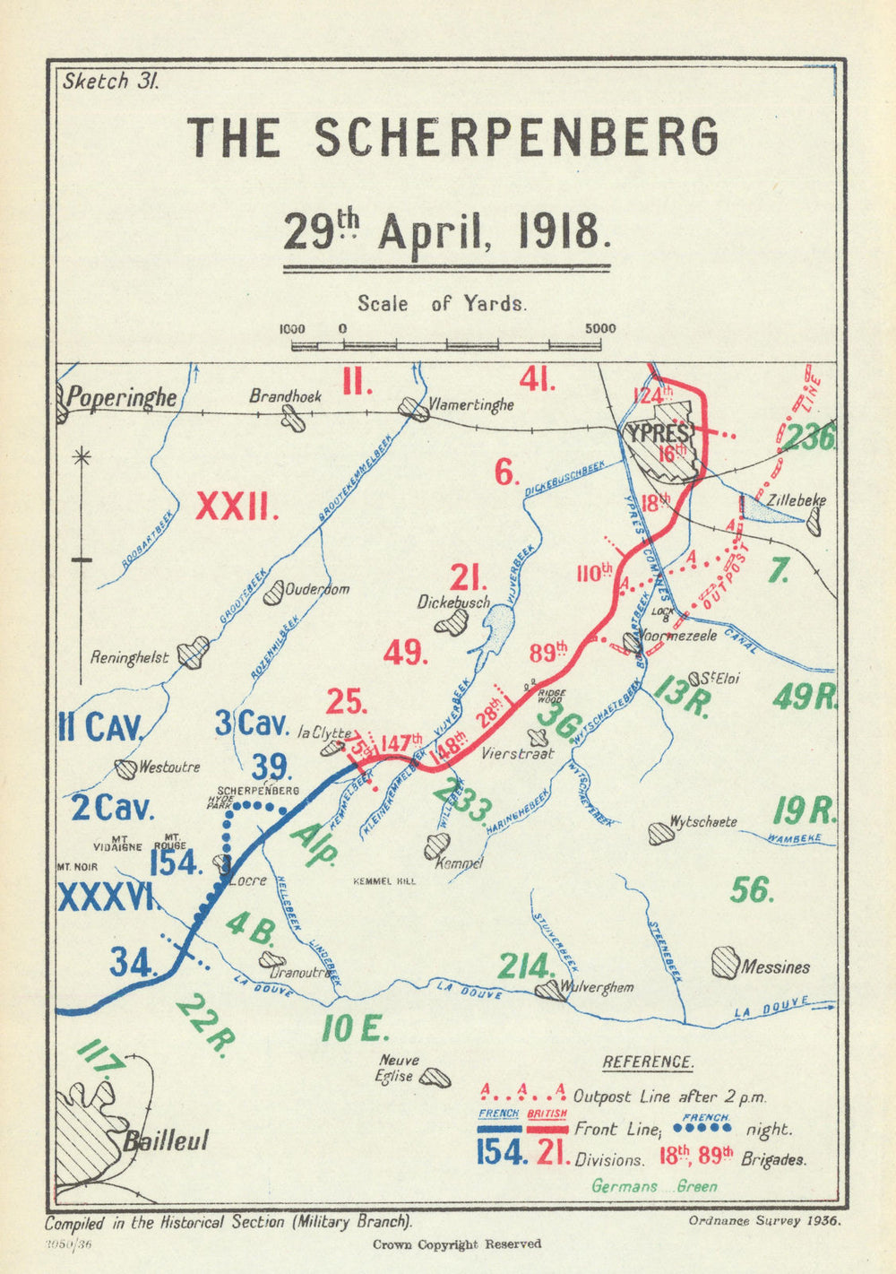 Battle of the Lys. The Scherpenberg, 29 April 1918. First World War 1937 map