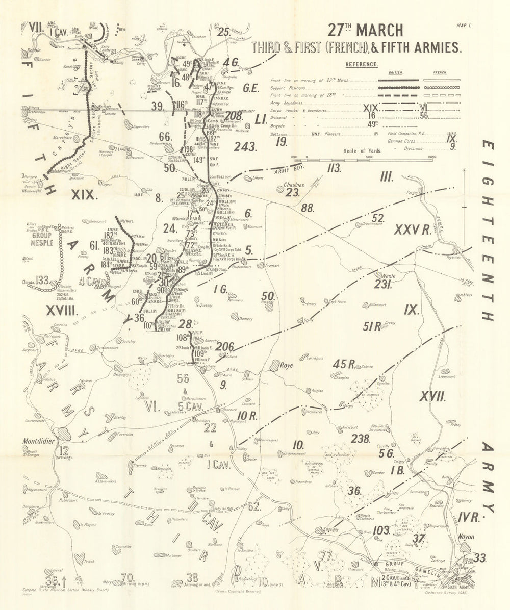 Operation Michael. 27 March 1918, 3rd & 1st (French) & 5th Armies. WW1 1937 map