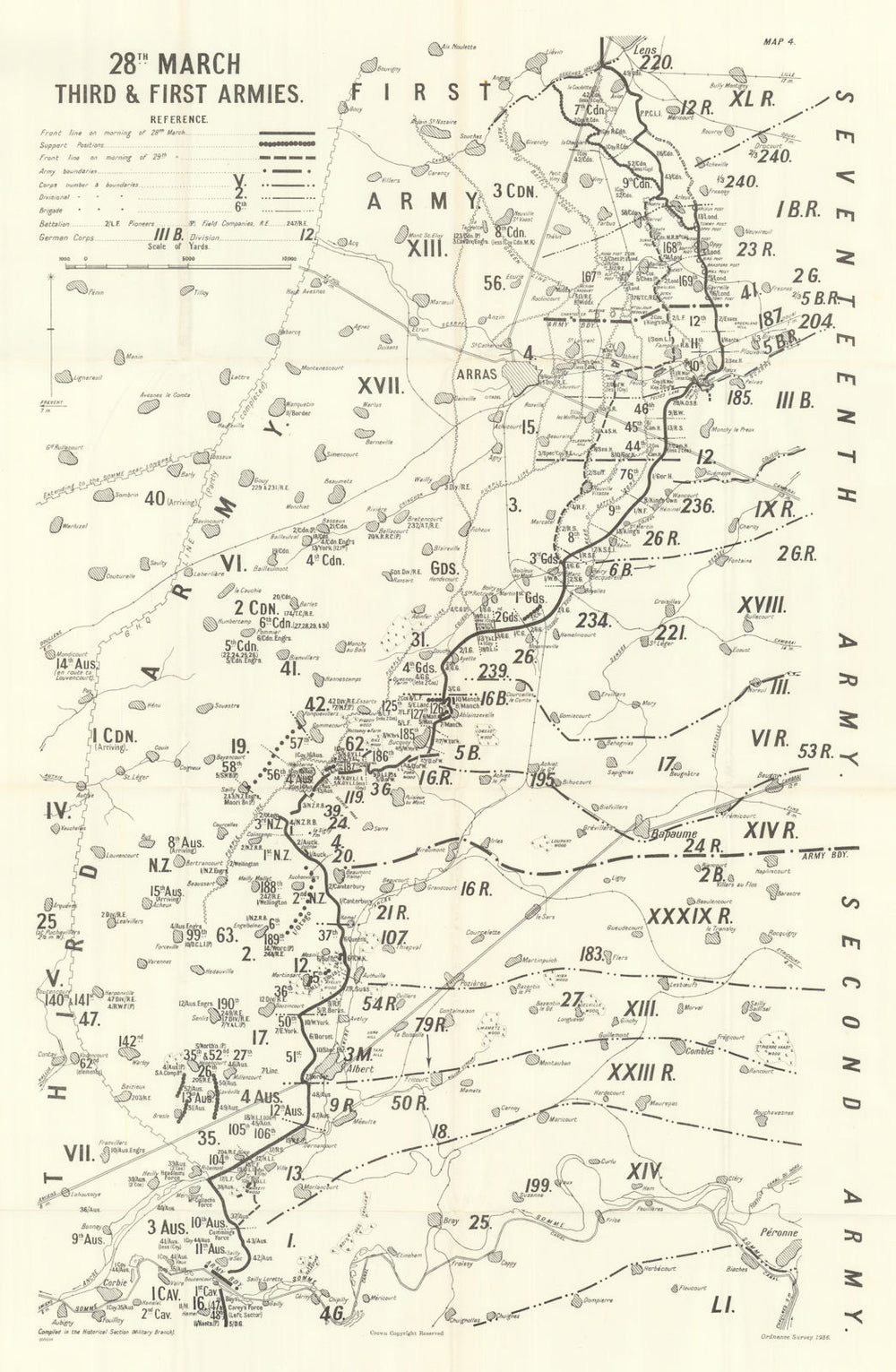Operation Michael / Arras. 28 March 1918, Third & First Armies. WW1 1937 map