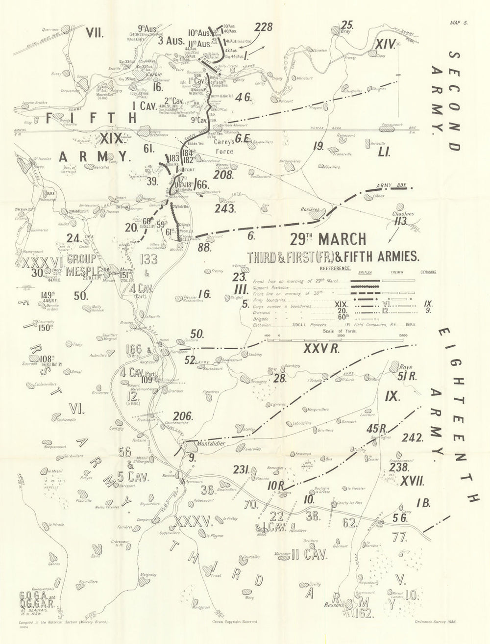 Operation Michael. 29 March 1918, 3rd & 1st (French) & 5th Armies. WW1 1937 map