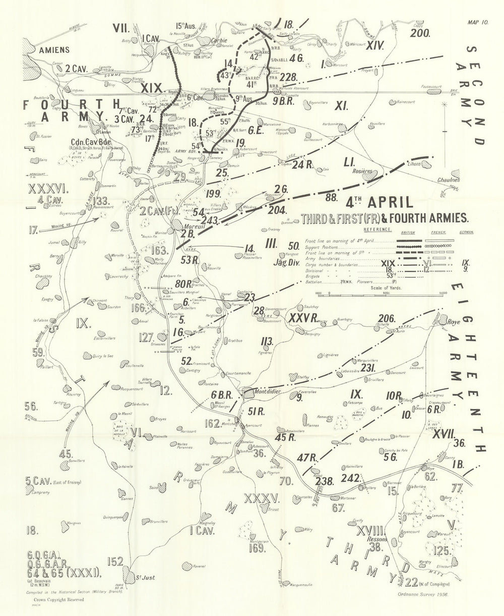 Operation Michael. 4 April 1918, 3rd, 1st (French) & Fourth Armies. WW1 1937 map