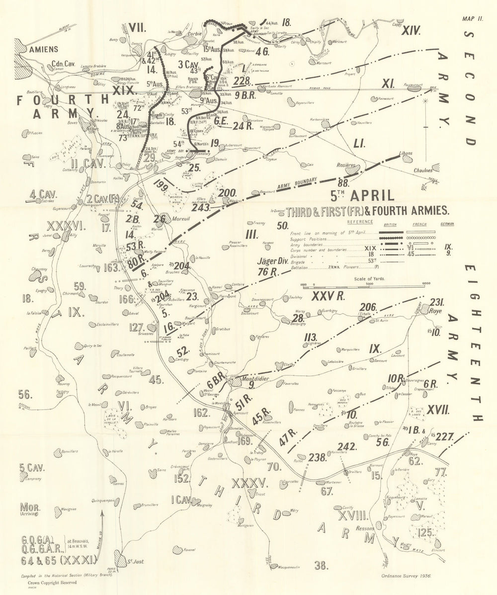 Operation Michael. 5 April 1918, 3rd, 1st (French) & Fourth Armies. WW1 1937 map