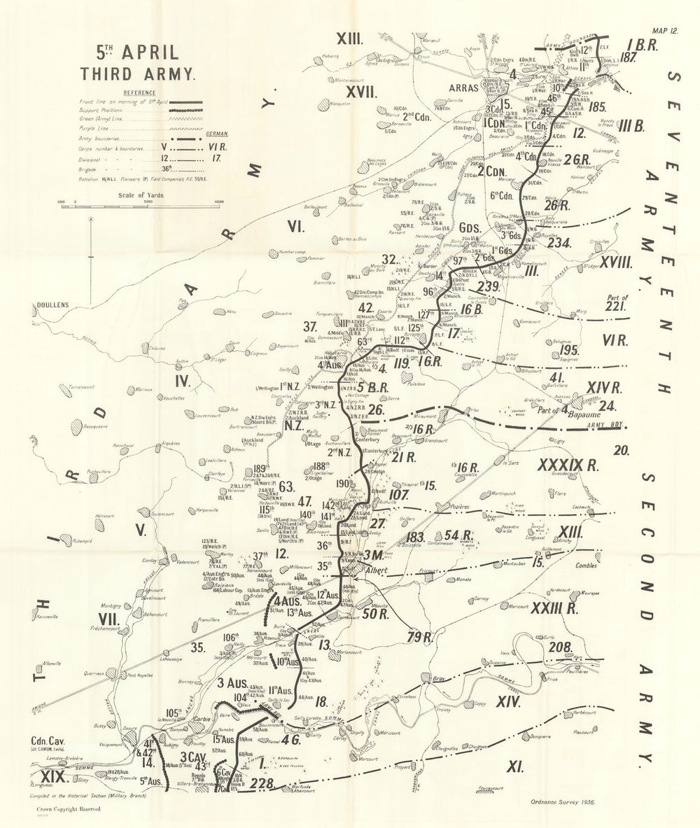 Operation Michael. 5 April 1918, Third Army. First World War 1937 old map