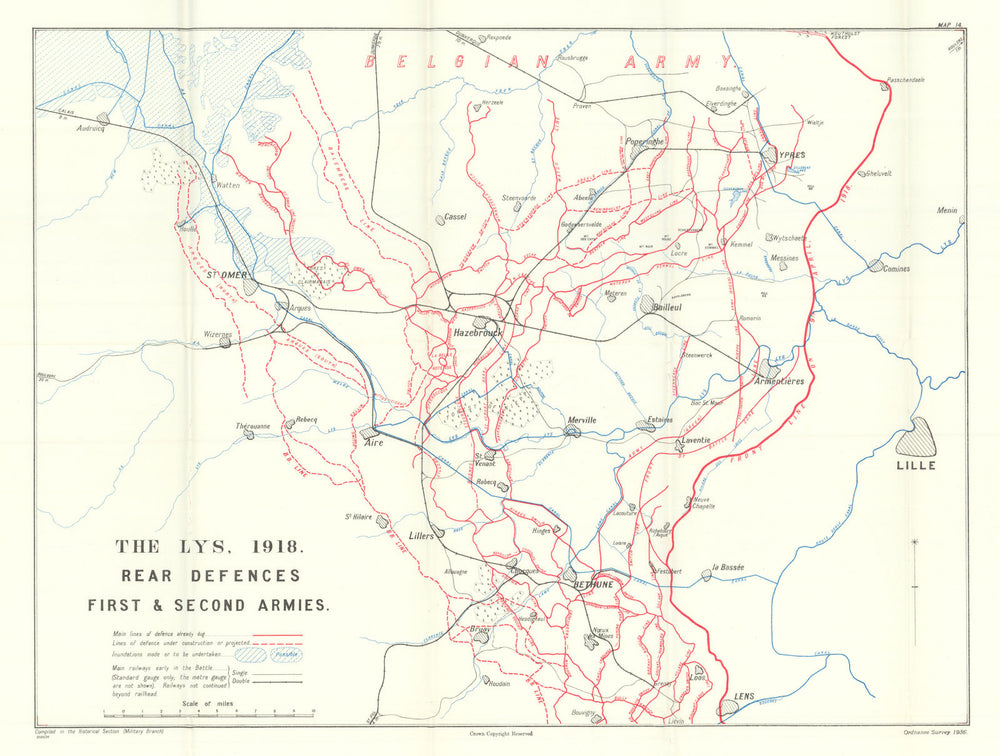 Battle of the Lys. Rear Defences, First & Second Armies 1918. WW1 1937 old map