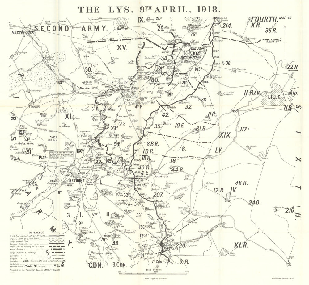 Battle of the Lys. 9 April 1918. First World War 1937 old vintage map chart
