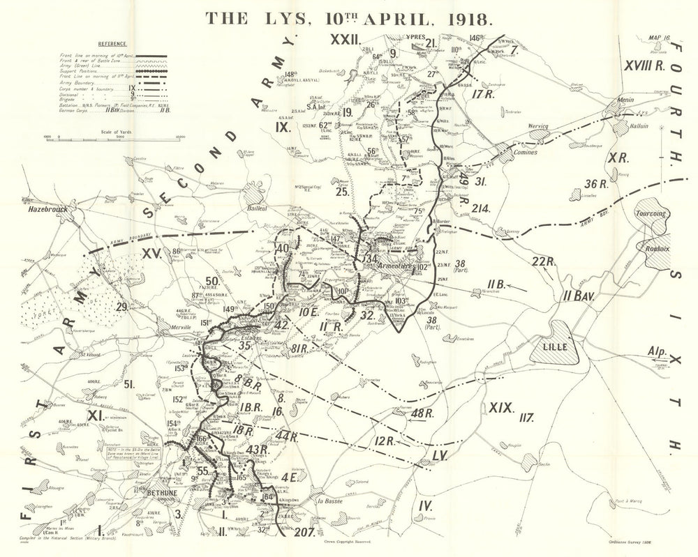 Battle of the Lys. 10 April 1918. First World War 1937 old vintage map chart