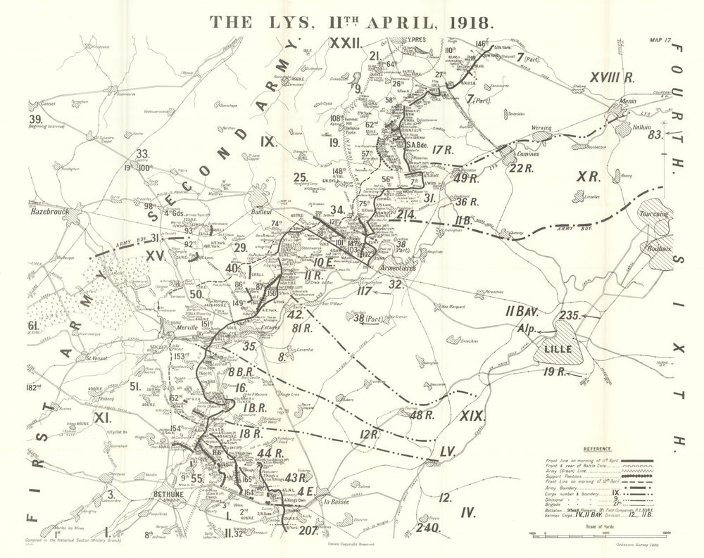 Battle of the Lys. 11 April 1918. First World War 1937 old vintage map chart