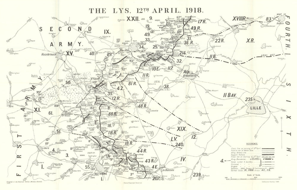 Battle of the Lys. 12 April 1918. First World War 1937 old vintage map chart