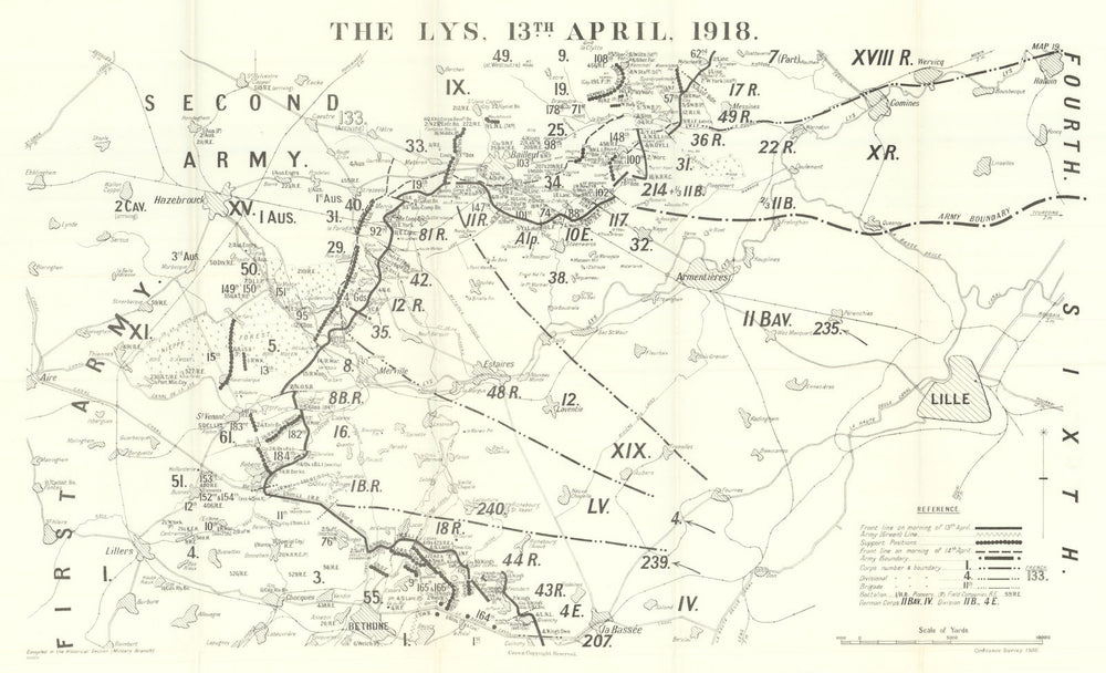 Battle of the Lys. 13 April 1918. First World War 1937 old vintage map chart