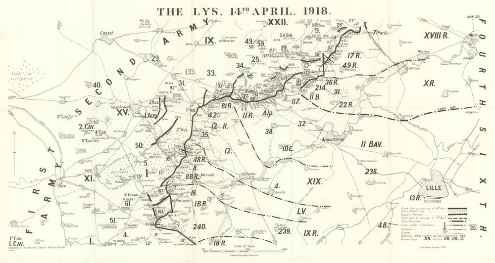 Battle of the Lys. 14 April 1918. First World War 1937 old vintage map chart