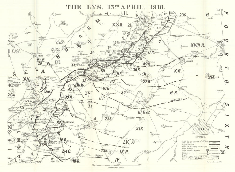 Battle of the Lys. 15 April 1918. First World War 1937 old vintage map chart