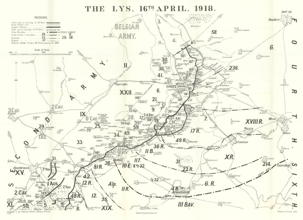 Battle of the Lys. 16 April 1918. First World War 1937 old vintage map chart