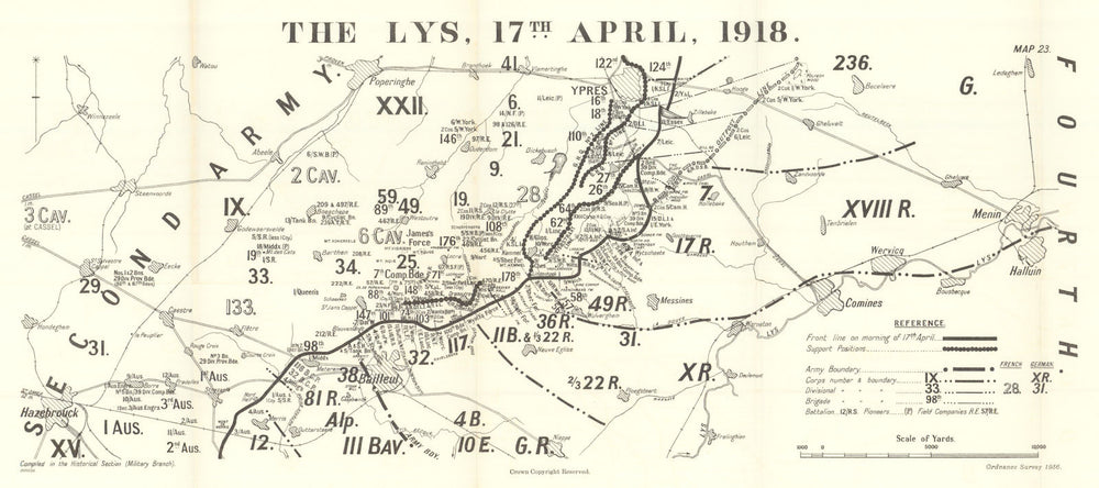 Battle of the Lys. 17 April 1918. First World War 1937 old vintage map chart