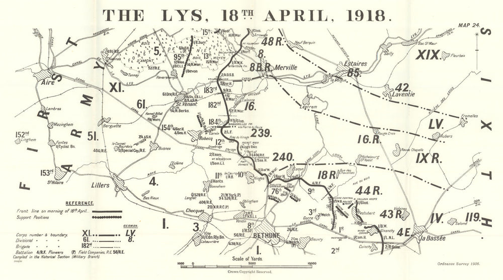 Battle of the Lys. 18 April 1918. First World War 1937 old vintage map chart